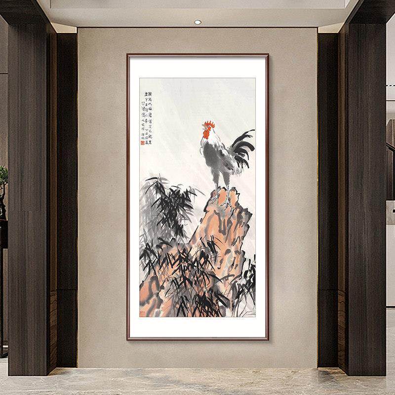 金鸡报晓玄关装饰画徐悲鸿雄鸡入户对门中式挂画过道走廊尽头壁画