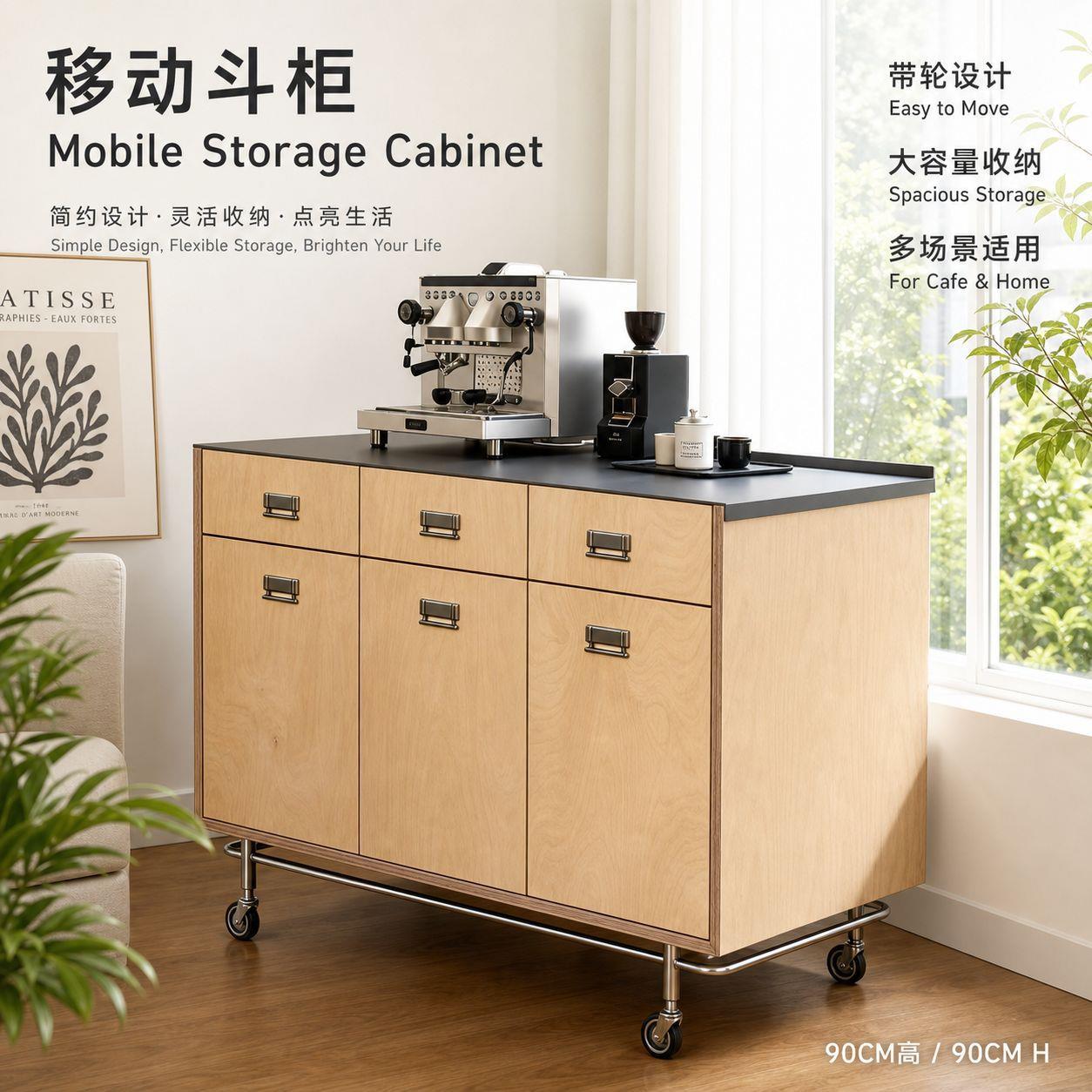 移动不锈钢斗柜半墙咖啡机置物柜操作台储物柜海洋板带轮餐边柜