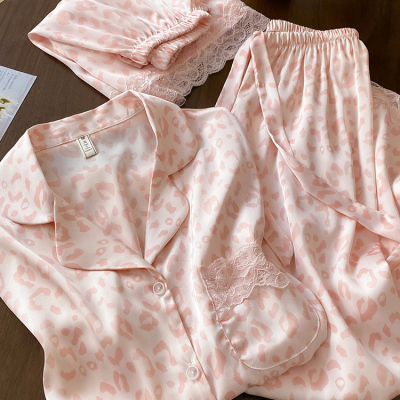 粉色豹纹真丝睡衣女款蕾丝春秋款