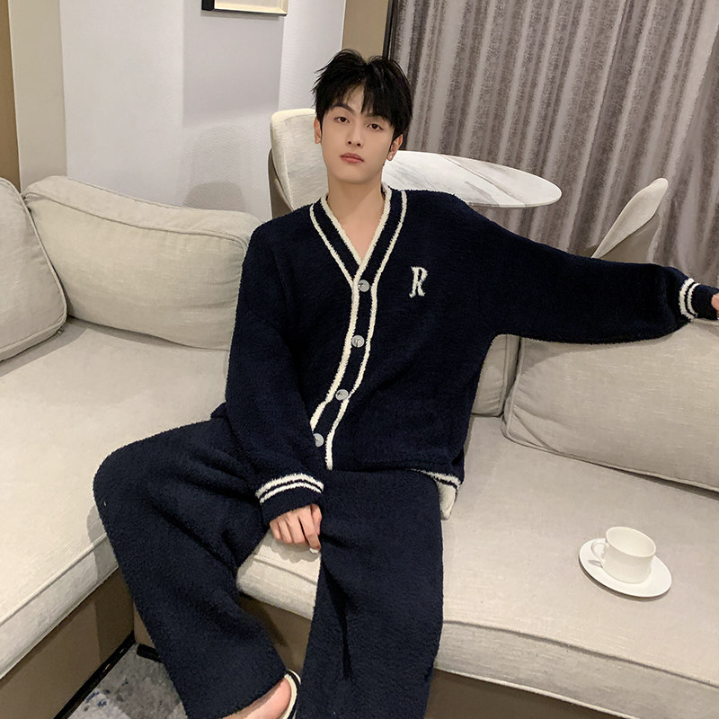 男士珊瑚绒睡衣套装秋冬加厚加绒保暖V领开衫休闲居家服可外穿