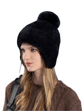 帽8331护耳冬季针织毛球毛绒百搭新款毛线帽防寒保暖女潮韩版帽子