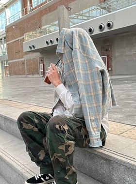 Commas定制蓝黄格纹法兰绒流苏复古长袖格子衬衫休闲纯棉宽松男女