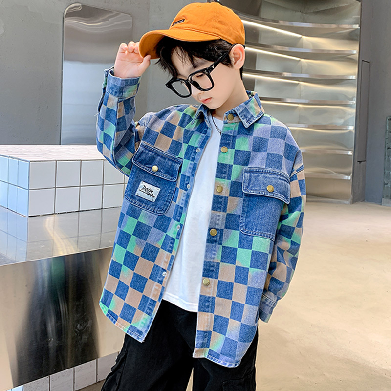 男童外套牛仔开衫春装2023新款洋气中大儿童春秋格子衬衫上衣潮款