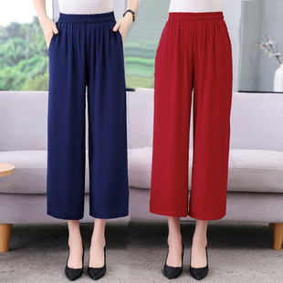 直筒宽松大码 棉绸八分裤 松紧妈妈装 高腰薄款 中老年女裤 七分裤 夏季