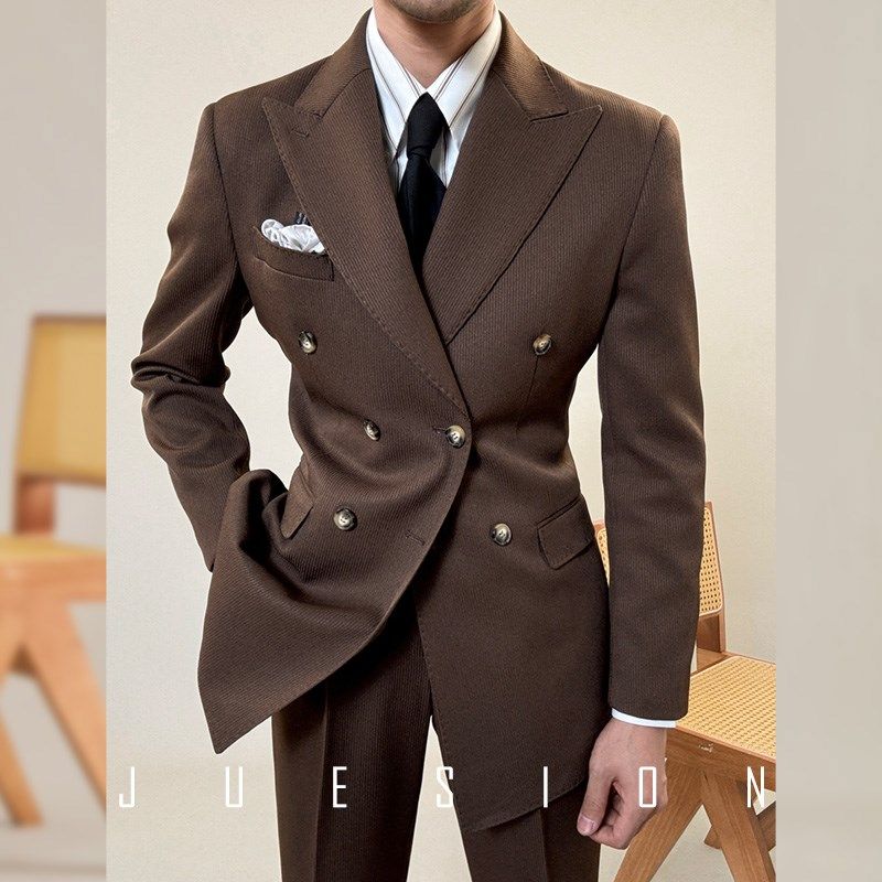 JUESION 意式双排扣西服套装男士戗驳领黑色商务婚礼宴会西装外套