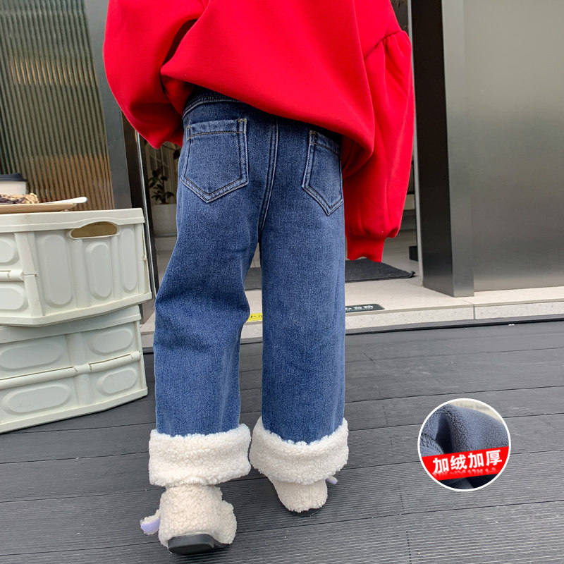 女童加绒裤子秋冬款加厚外穿洋气羊羔绒宽松冬季装保暖儿童牛仔裤