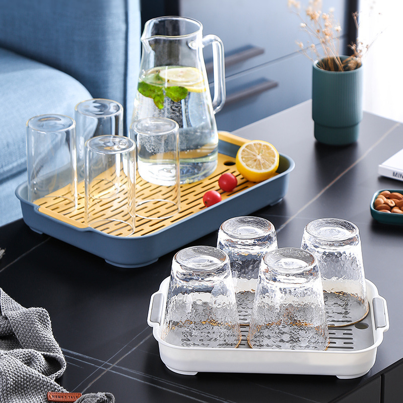 水杯子沥水盘 家用客厅双层托盘长方形茶盘水果盘塑料创意餐盘子