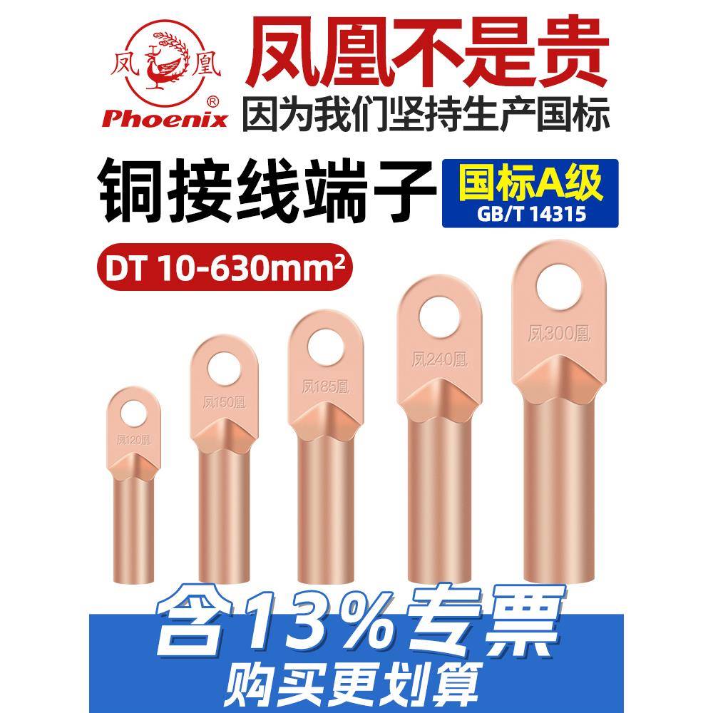 凤凰DT正品国标A级铜接线端子10平方紫铜电线鼻直接头线耳铜鼻子