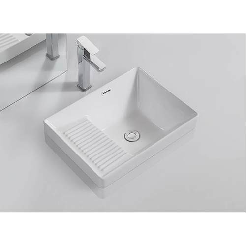 家用阳台小户型单盆陶瓷洗衣盆半嵌入式台中盆带搓衣板洗衣池