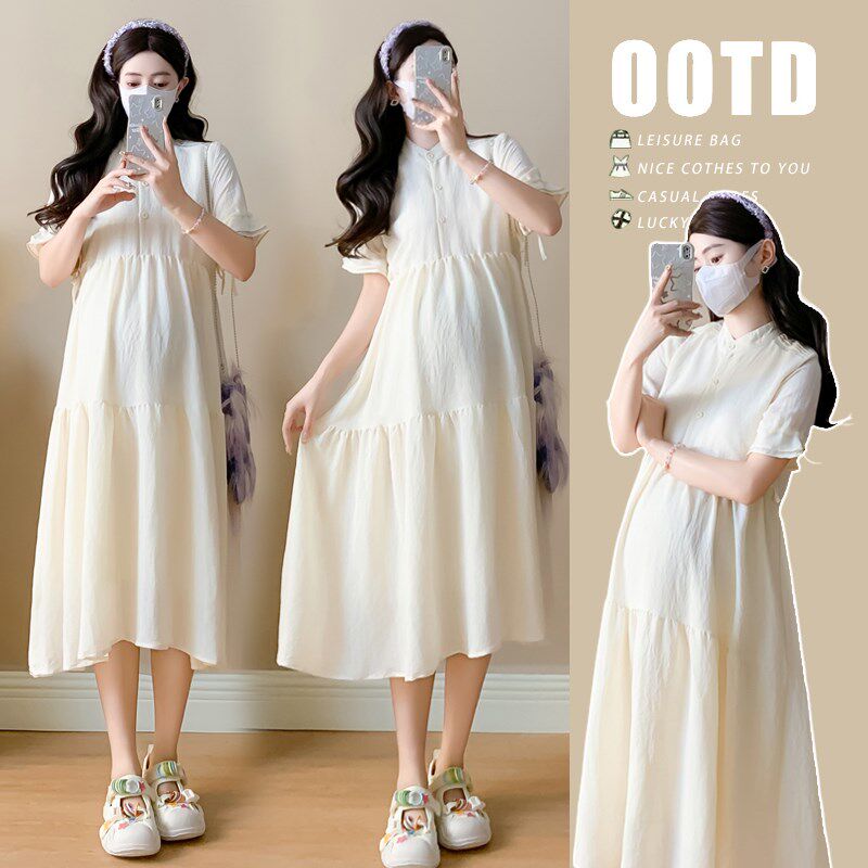 孕妇装夏装简约短袖雪纺连衣裙时尚甜美减龄休闲裙子夏季孕妇裙夏