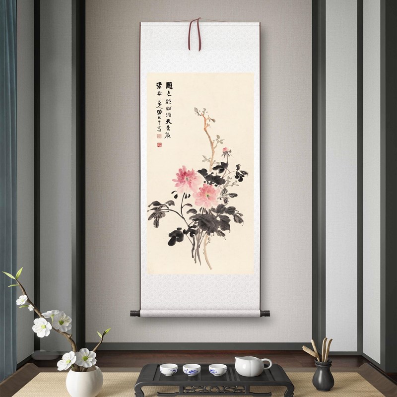 张大千《牡丹g》新中式客厅书房茶室装饰画挂画玄关水墨高清卷轴图片