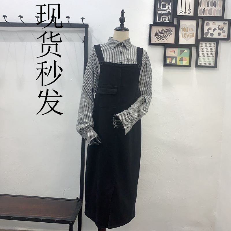 李潇洒胖mm日系甜美牛仔背带裙女春装大码宽松黑色显瘦长裙连衣裙