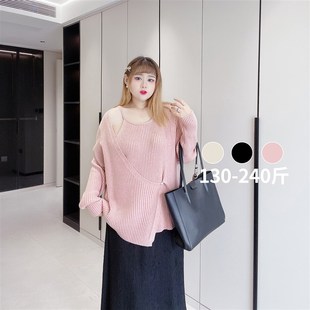 胖mm春秋不规则内搭毛衣纯欲风露肩显瘦针织衫 胖仙女莹莹大码 女装