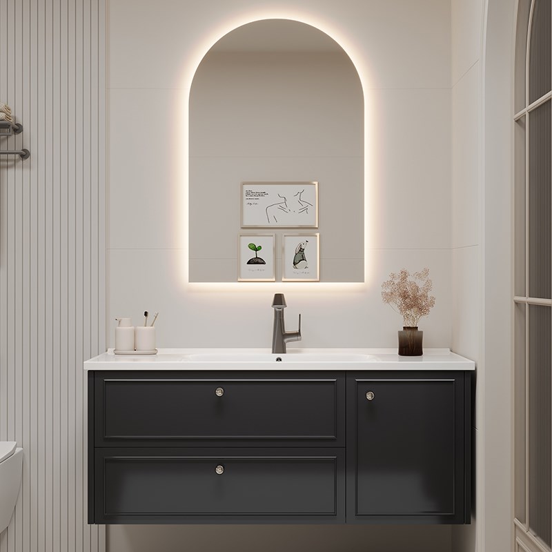 法式橡胶木浴室柜组合黑色洗手台盆柜洗漱台陶瓷洗脸盆卫生间套装