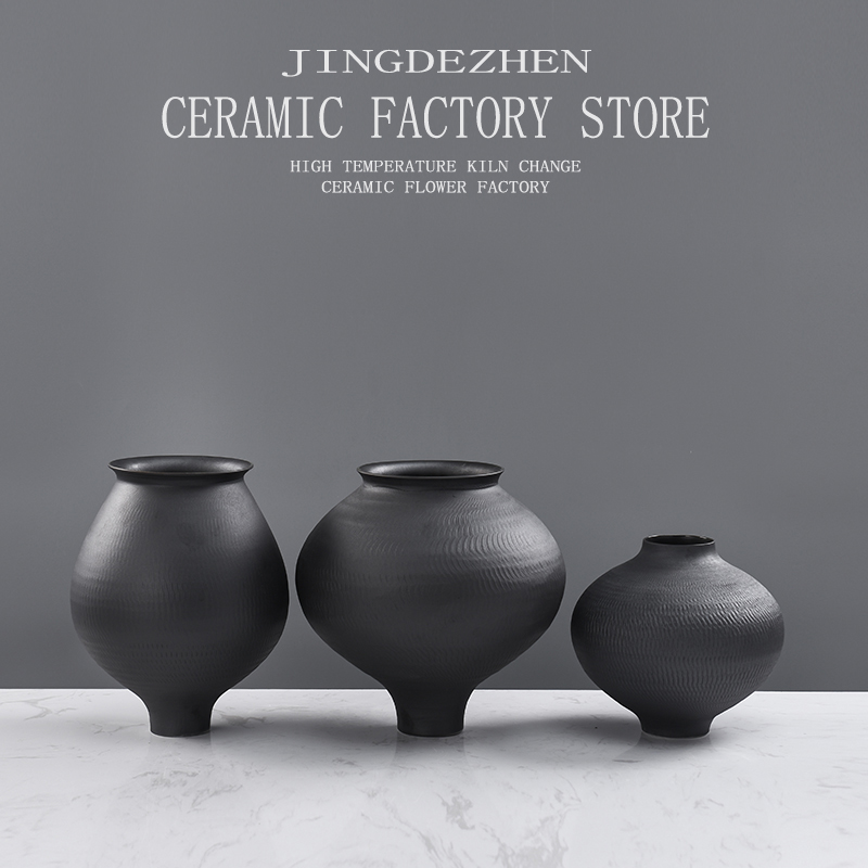 禅意陶罐陶瓷花瓶摆件素烧粗陶花盆陶泥大口径陶艺素陶黑瓷插花器