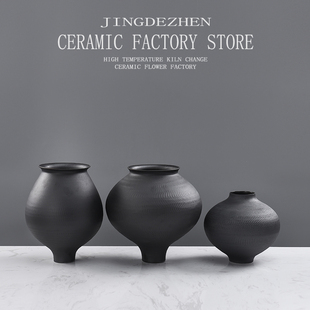 禅意陶罐陶瓷花瓶摆件素烧粗陶花盆陶泥大口径陶艺素陶黑瓷插花器