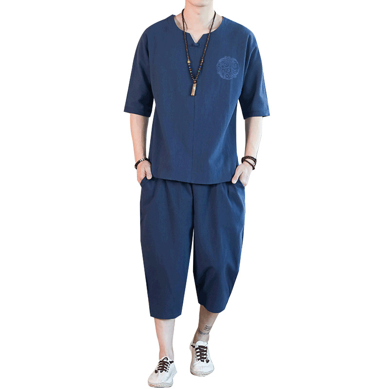 亚麻休闲a裤男士宽松哈伦裤中国风棉麻短袖短裤套装七分裤两件套