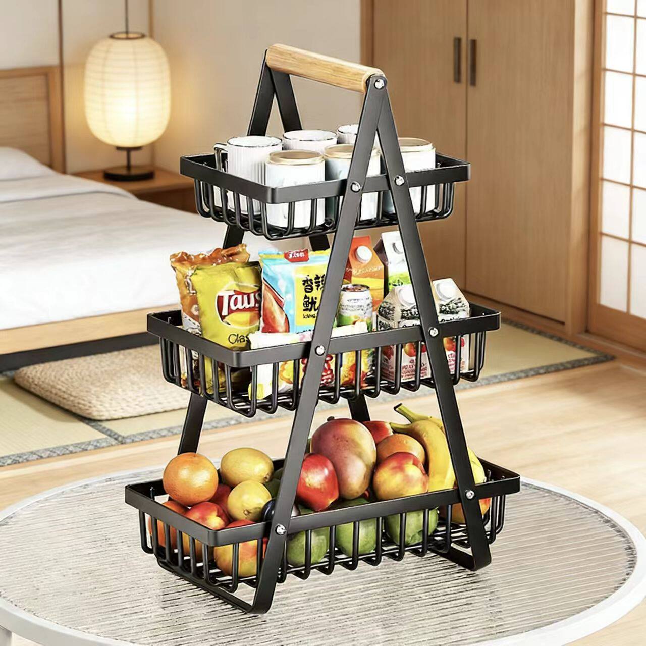 手提水果篮爆款铁艺双层客厅整理架加厚桌面置物篮零食收纳篮