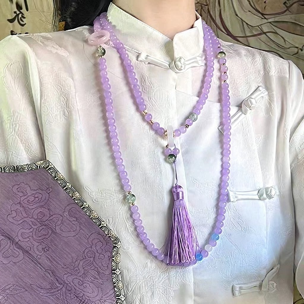 国风紫色串珠长流苏斜挎链女
