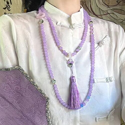 国风紫色串珠长流苏斜挎链女