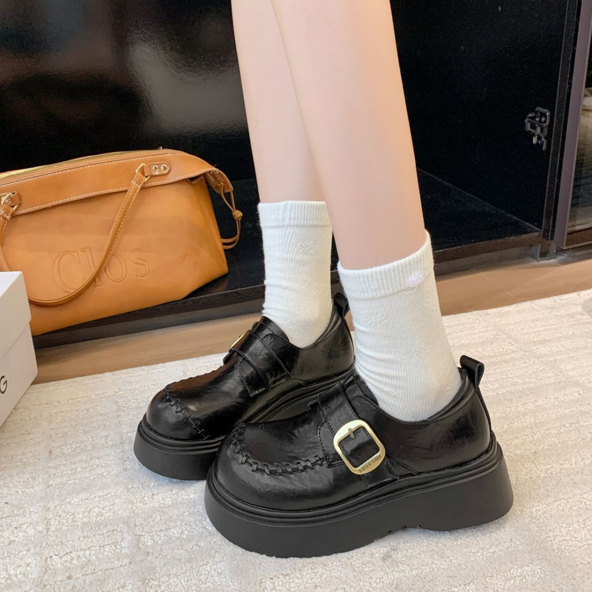 买手店明星同款黑色勃肯厚底玛丽珍小皮鞋女英伦风增高秋冬季2025