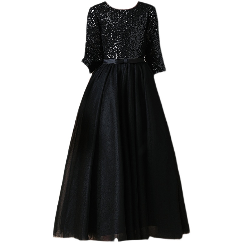 中大童高档钢琴演出服女童亮片生日礼服黑色小提琴演奏服乐团指挥