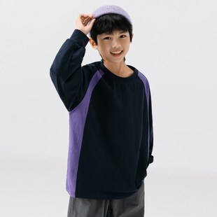 儿童秋装撞色拼接纯棉长袖T恤男童街舞风套头上衣山系童装打底衫