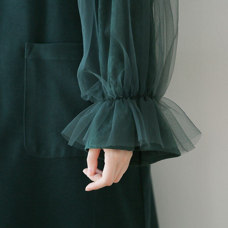 suin2025春秋新款甜美宽松大码拼纱绿色娃娃领喇叭长袖连衣裙女