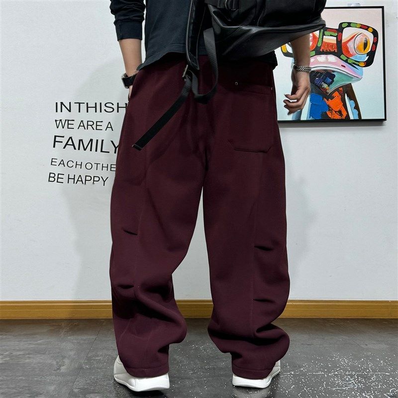 美式休闲宽松抽绳垂感阔腿加厚直筒裤男褶皱装饰青年加绒卫裤冬款,男装,卫裤,淘宝优惠券,粉丝福利购,淘宝优惠卷