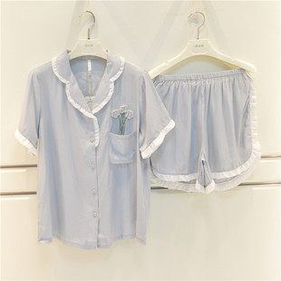 短裤 安之伴睡衣夏季 甜美简约短袖 女士梭织木棉丝薄款 家居服套 新品