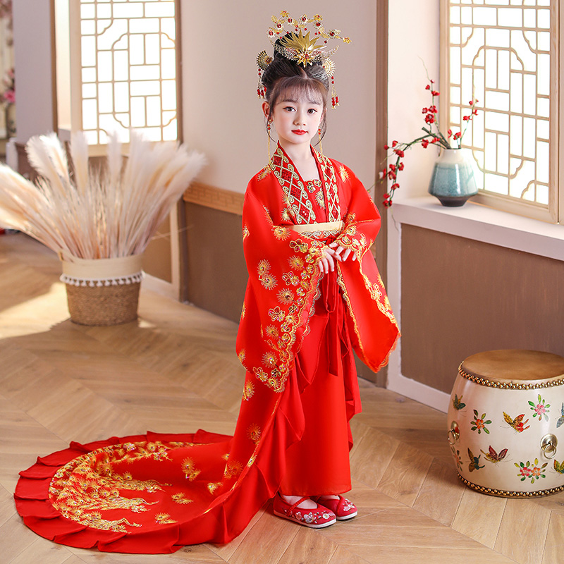 儿童贵妃古装拖尾 唐朝皇后娘娘公主唐装仙女孩宫廷COS表演出汉服