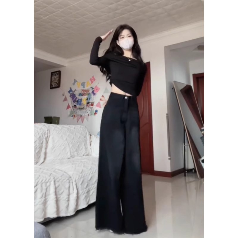 大码胖mm黑色高腰直筒牛仔裤秋冬新款宽松显瘦阔腿裤垂感喇叭裤子