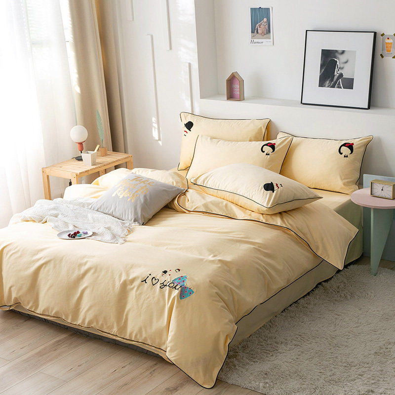 四件套全棉纯棉小清新可爱情侣床上床单被套淡黄色米黄色少女四季