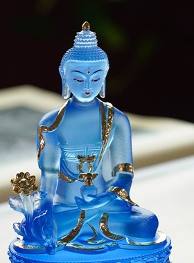 琉璃药师佛摆件居家供奉客厅家用佛具镇宅莲花底座琉璃光如来佛像