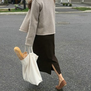 2024秋冬西装面料宽松直筒过膝休闲中长款后开叉半身裙子女装大码