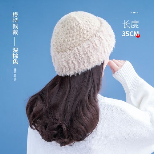 帽子假发时尚一体中长卷发针织帽假发帽子女款2024新款冬季可拆卸