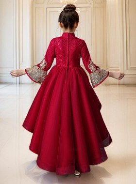 女童礼服高端新中式国风红色公主裙中式花童裙古筝琵琶燕尾演出服