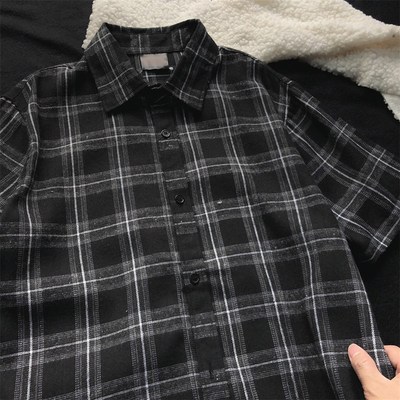 黑色格子短袖衬衫男夏季男士黑衬衣黑格衣服男款黑白格纹有领上衣