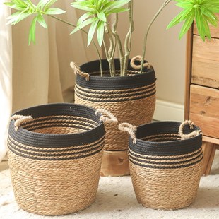 静谧黑边线蒲草花篮双耳装 饰篮子落地花盆套盆摆件客厅手工草编篮