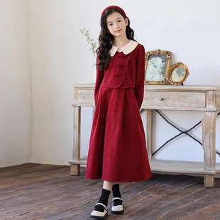 女童红色连衣裙秋冬新中式国风加绒假两件公主裙大童女孩新年长裙