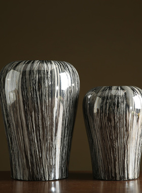 中式复古灰色竖纹陶罐花瓶玄关客厅台面装饰花器陶瓷陶艺插花摆件