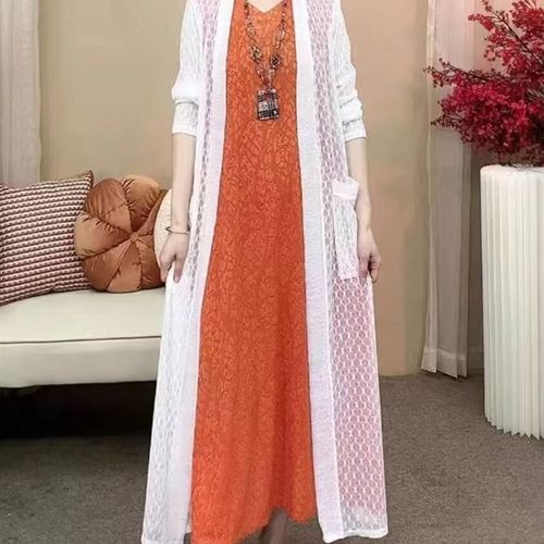 新款夏季时尚防晒衣长袖开衫长款过膝镂空网纱披肩外套风衣外披女