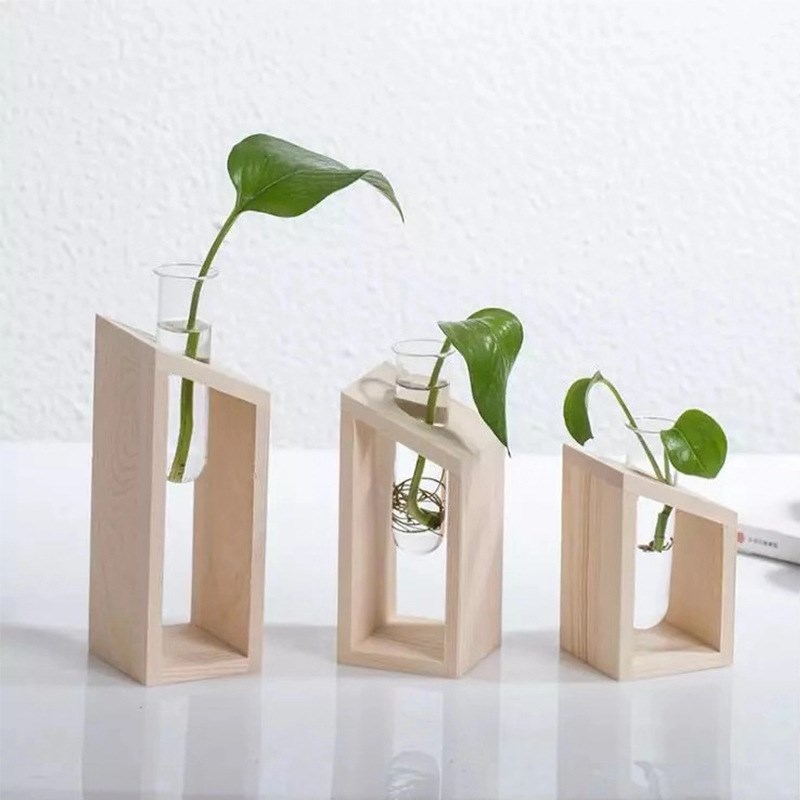 木质花瓶架创意水培植物木质花器简约家居试管玻璃花瓶