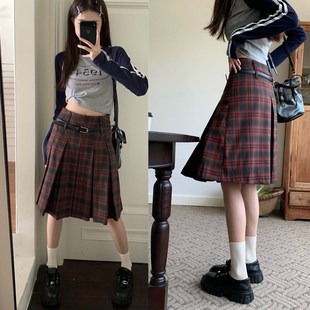 甜辣红色格子短裙女中长款半身裙子复古a字裙学院风jk百褶裙大码