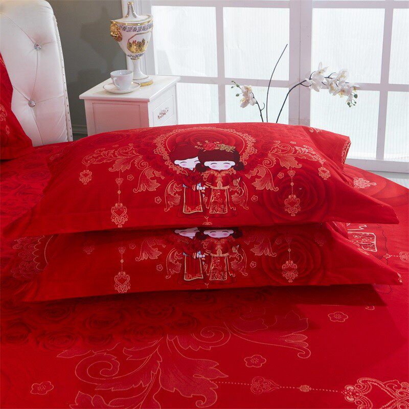 全棉圆床床裙四件套大红婚庆结婚圆形床罩式纯棉加厚磨毛床品定做