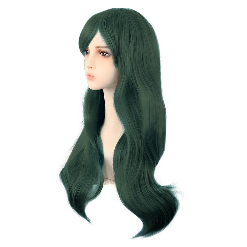 潼漫 cos假发女微卷长发动漫高温丝深绿墨绿色斜刘海万用70cm头套