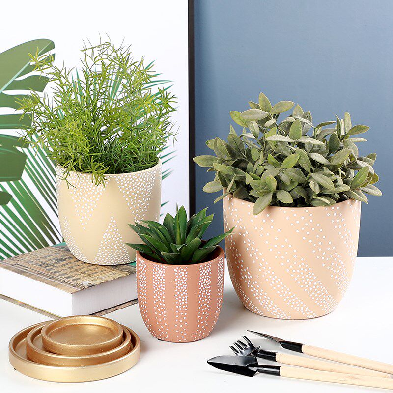 机雕收脚白点素烧手工陶瓷花盆圆形透气红陶土粗陶多肉盆栽仙人掌