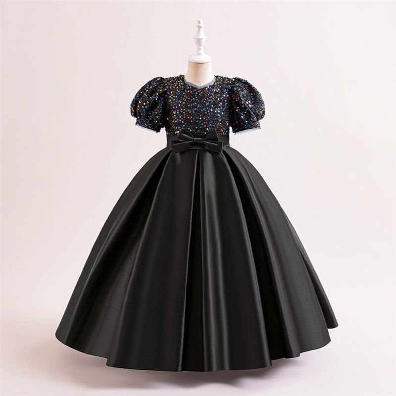 女童锻布亮片公主礼服儿童红色洋气蓬蓬长裙走秀连衣裙钢琴演出服