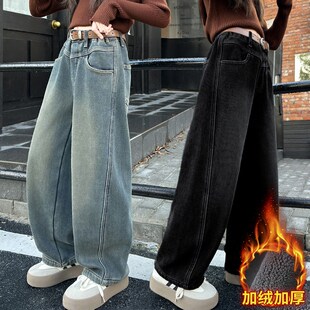 女童裤子秋冬季2024新款弯刀型加绒加厚牛仔裤女孩中大童休闲长裤