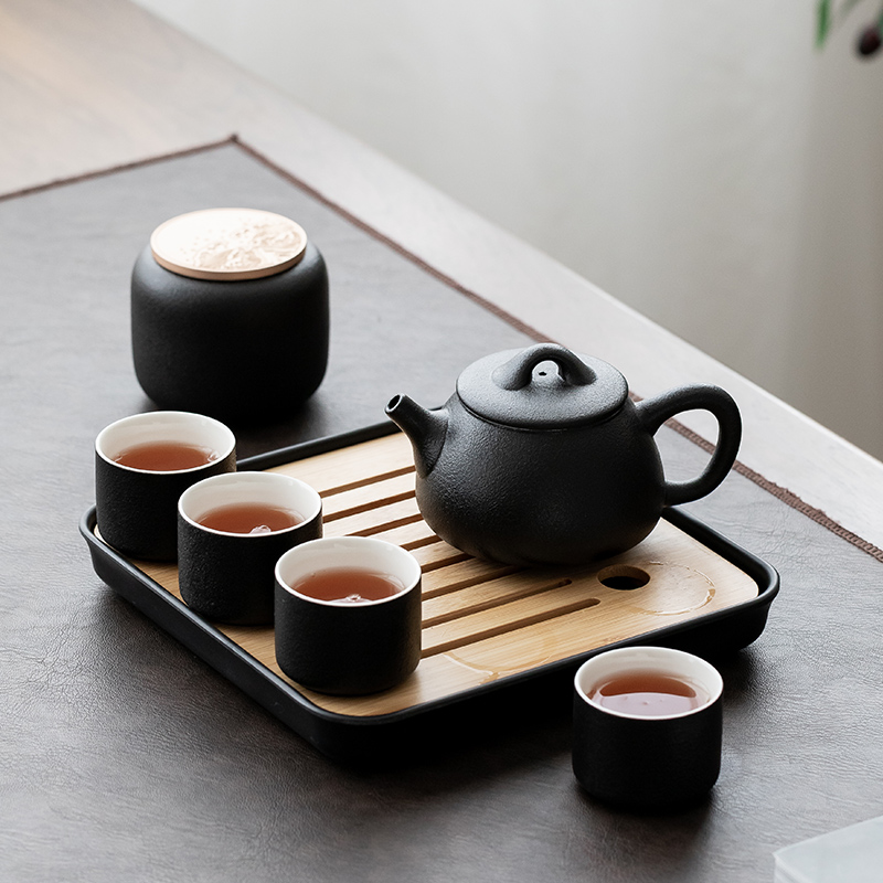 记今朝 黑陶侧把壶一壶四杯便携式旅行功夫茶具套装家用简约带包